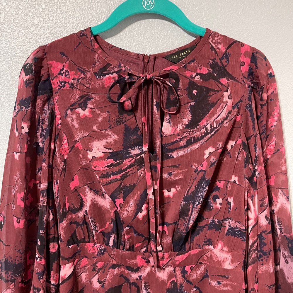 Ted Baker London Verino Floral Mini Dress Ruffle Burgundy Pink Coquette Size 1 - Picture 6 of 13